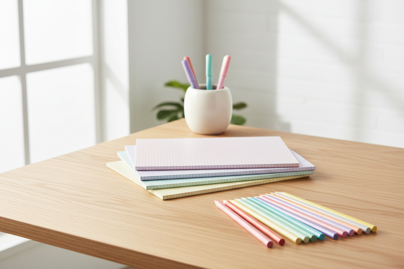 Schreibtisch mit Schulheften und Bleistiften in Pastellfarben